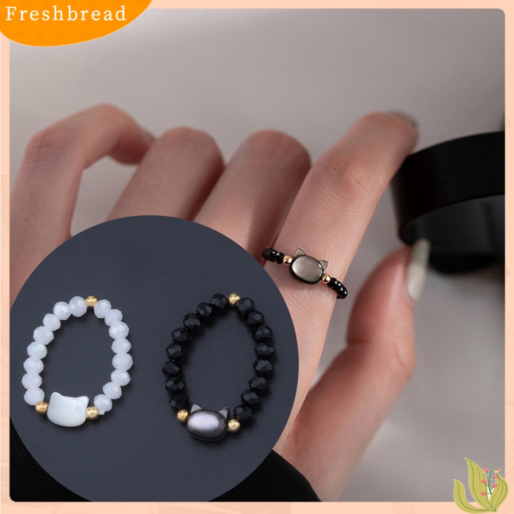 &lt; Freshbread &gt; Couple Cincin Manik-Manik Kucing Lucu Melar Adjustable Tidak Luntur Hias Hadiah Hitam Putih Imitasi Kristal Jari Cincin Perhiasan Aksesoris Fashion