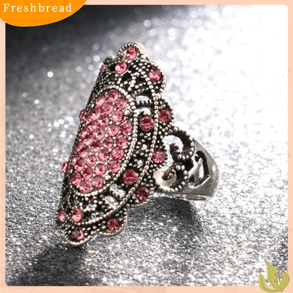 &lt; Freshbread &gt; Perhiasan Pesta Wanita Vintage Bentuk Oval Berongga Berlian Imitasi Jari Cincin Hadiah