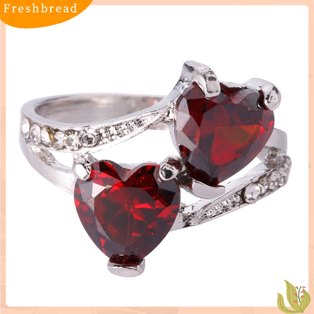< Freshbread > Fashion Wanita Mewah Cubic Zirconia Berlian Imitasi Bertatahkan Cinta Ganda Cincin Hati