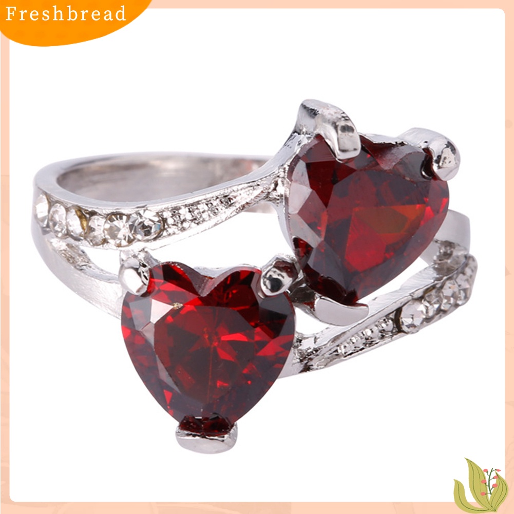 &lt; Freshbread &gt; Fashion Wanita Mewah Cubic Zirconia Berlian Imitasi Bertatahkan Cinta Ganda Cincin Hati