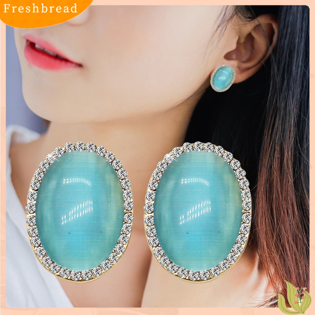 < Freshbread > Wanita Klip Telinga Berlian Imitasi Mengkilap Imitasi Opal Non Piercing Clip On Stud Earrings Perhiasan Untuk Pesta