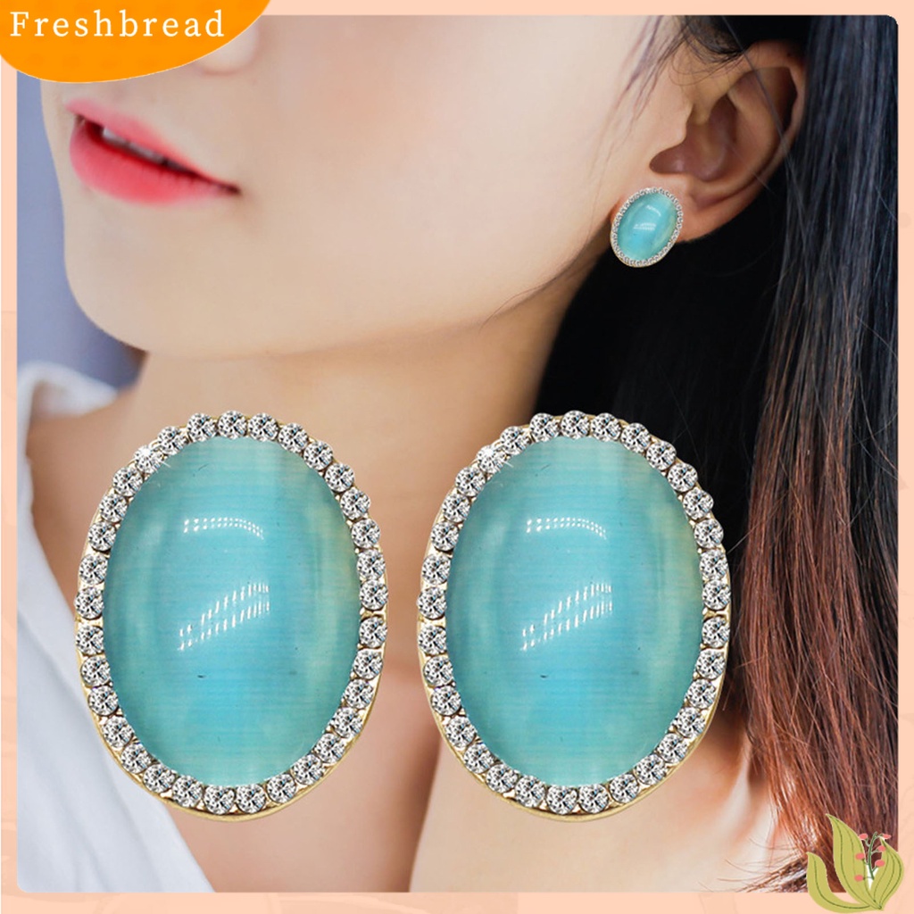 &lt; Freshbread &gt; Wanita Klip Telinga Berlian Imitasi Mengkilap Imitasi Opal Non Piercing Clip On Stud Earrings Perhiasan Untuk Pesta