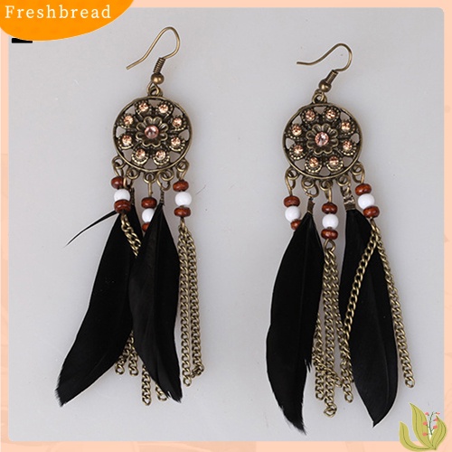 &lt; Freshbread &gt; Wanita Vintage Bohemia Etnik Dream Catcher Bulu Jumbai Anting Kait Panjang