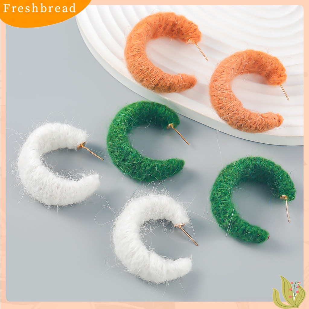 &lt; Freshbread &gt; 1pasang Anting Pejantan Berbentuk C Handmade Benang Katun Dikepang Geometris Hadiah Musim Gugur Musim Dingin Warna Solid Setengah Hoop Wanita Anting-Anting Perhiasan Fashion