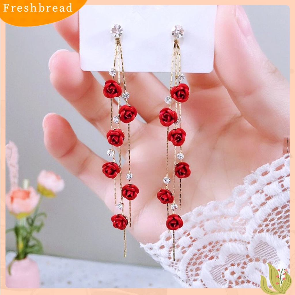 &lt; Freshbread &gt; 1pasang Berlian Imitasi Mengkilap Elegan Wanita Anting Bunga Mawar Panjang Rumbai Drop Earrings Perhiasan Pesta