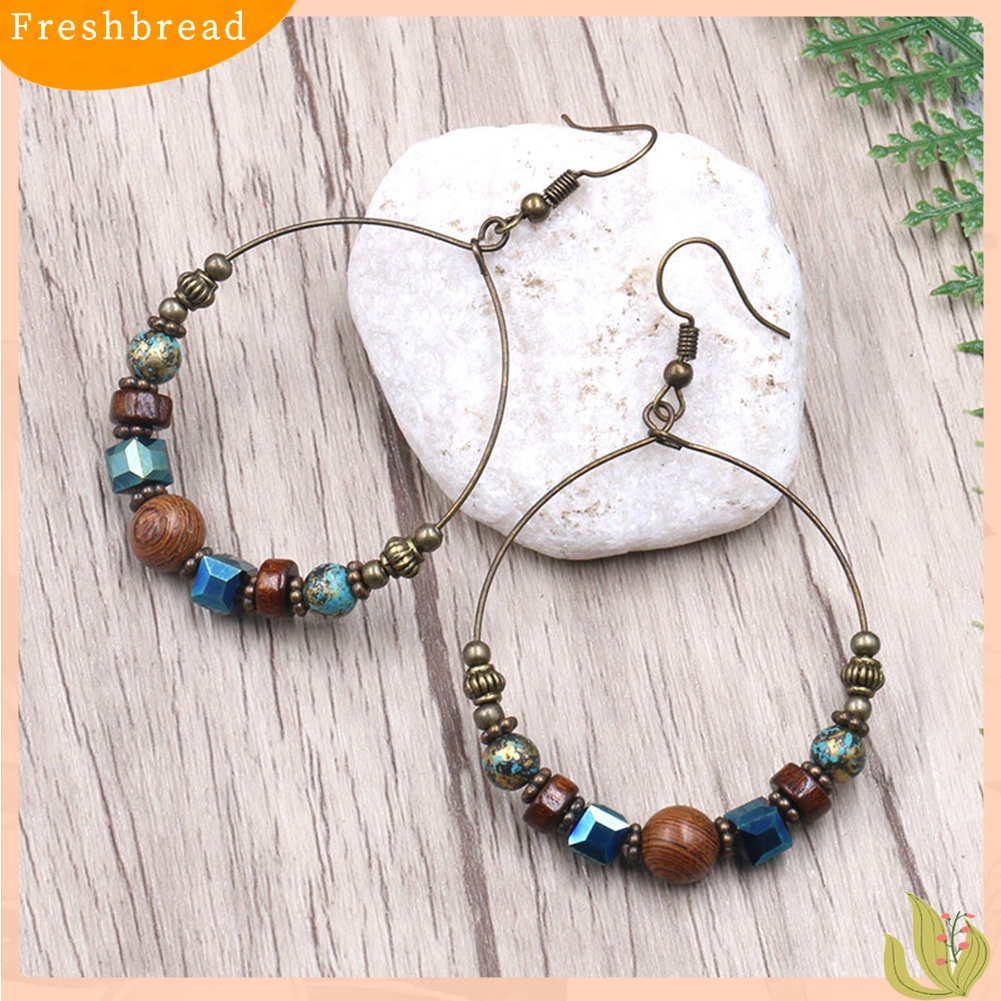 &lt; Freshbread &gt; Bohemian Lingkaran Besar Manik-Manik Kayu Kait Anting Wanita Etnik Faux Turquoise Jewelry