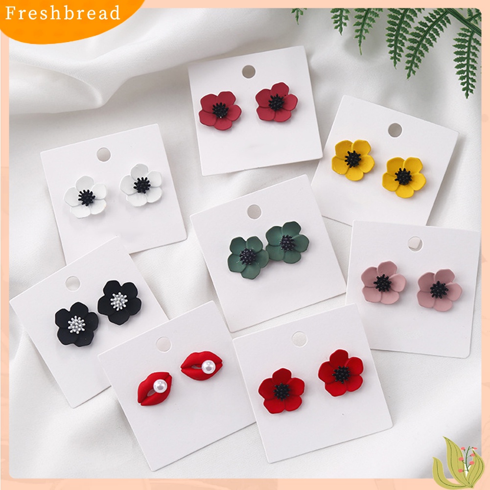 &lt; Freshbread &gt; Wanita Fashion Lukisan Bunga Mutiara Imitasi Bibir Merah Stud Earrings Perhiasan Hadiah