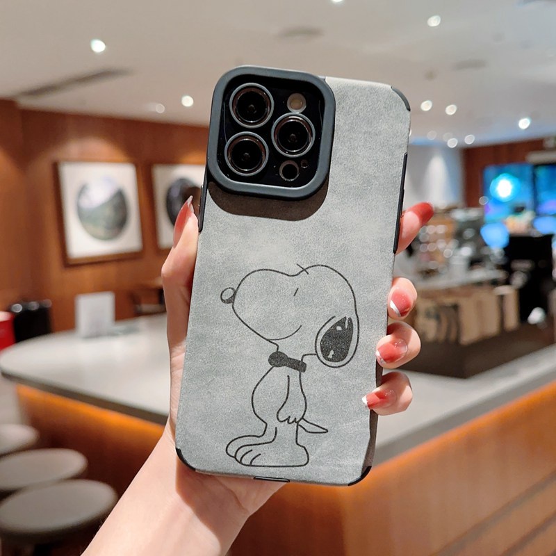 Retro suede Soft Case iP iPhone 7 8 Plus SE 2020 X XR XS Max 11 12 13 14 Pro Max 14 Plus Phone Case Camera Protect Gray Grey Cartoon Anime Snoopy