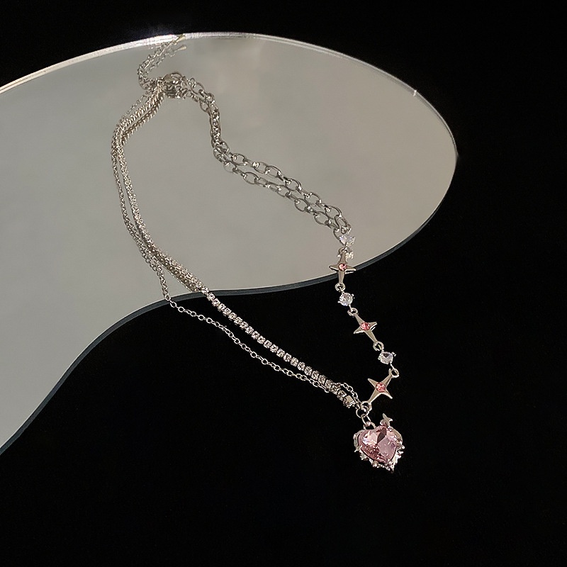 Kalung Liontin Hati Zircon Warna Pink Bintang Choker Rantai Kristal Silver Untuk Aksesoris Perhiasan Wanita