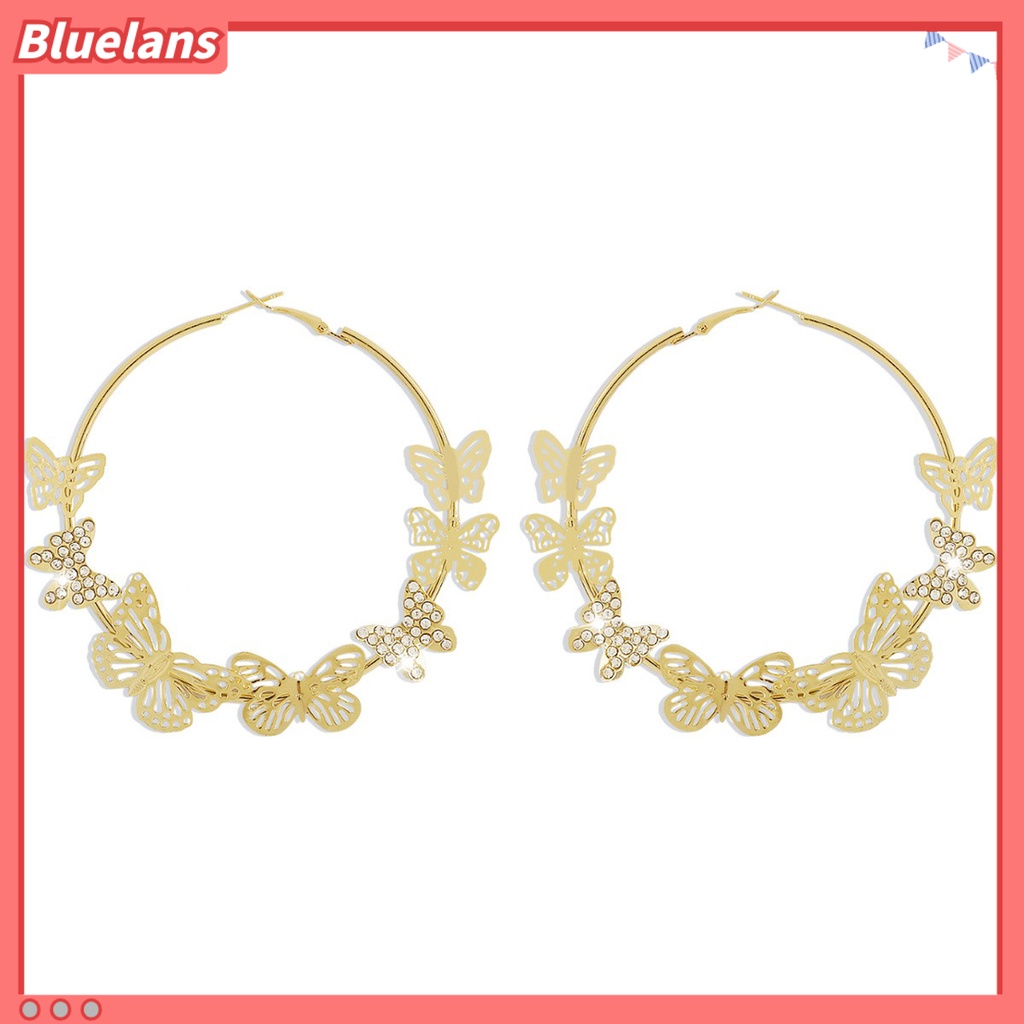 {In Stock} 1pasang Anting Hoop Vintage Geometris Berlebihan Berlian Imitasi Mengkilap Hias Dekorasi Hadiah 3D Berongga Keluar Kupu-Kupu Wanita Anting Lingkaran Untuk Perjamuan