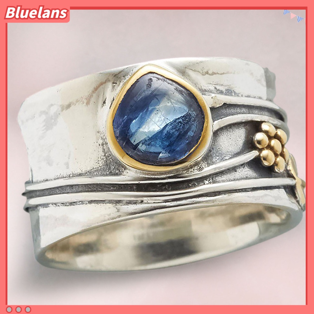 {In Stock} Cincin Vintage Two-tone Sederhana Statement Biru Permata Imitasi Daun Bunga Jari Cincin Perhiasan Aksesoris