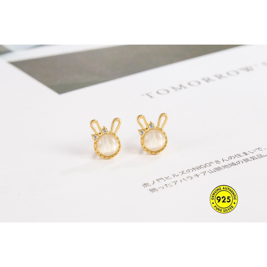 Anting Emas 18K Opal Rabbit Stud Earrings Simple Lucu Anting Wanita U1204