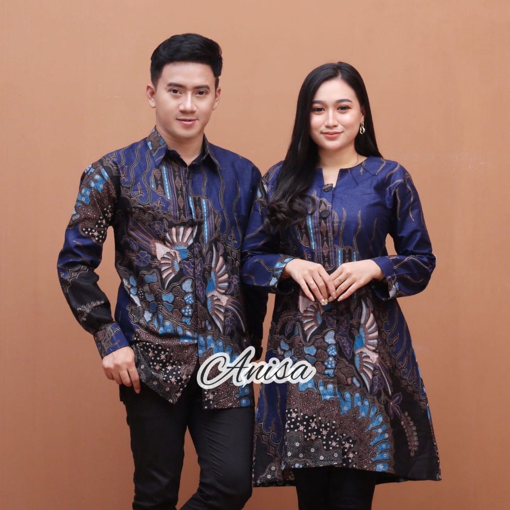 Set Couple Batik Motif Kenari Warna Biru Navy Atasan Pria Kemeja Lengan Panjang Warna Biru Navy