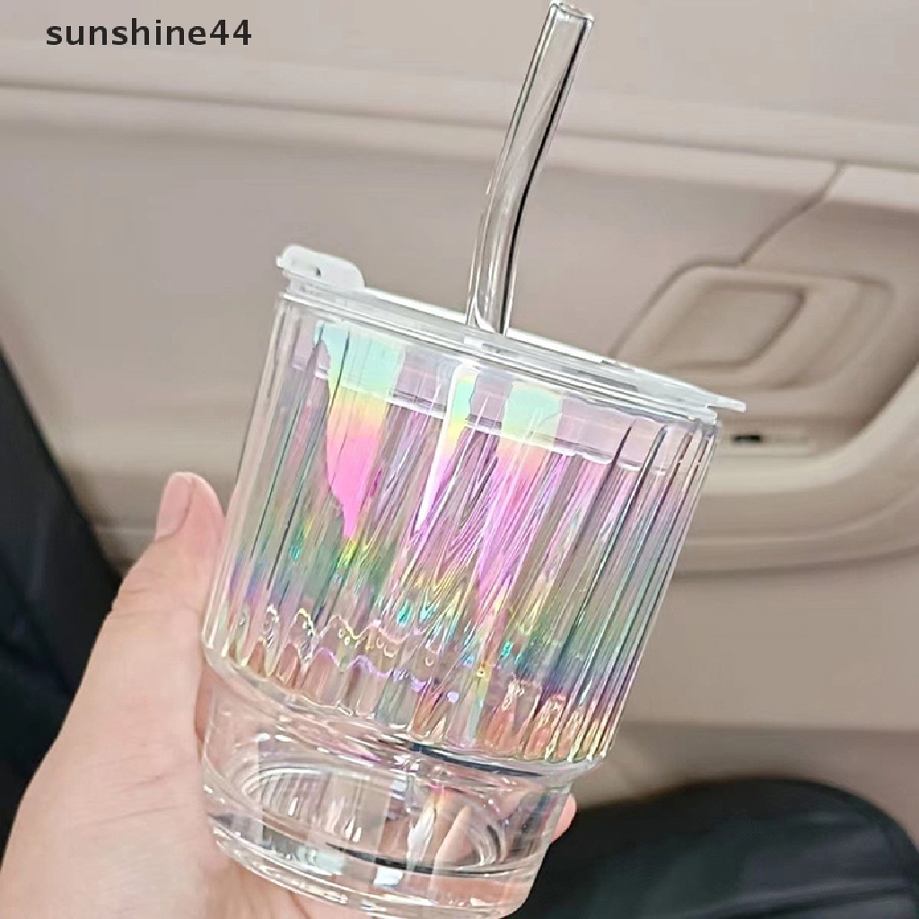 Sunshine Gelas Kaca 400ML Iridescent Dengan Tutup Straw Beer Juice Milk Tea Glass Cups ID