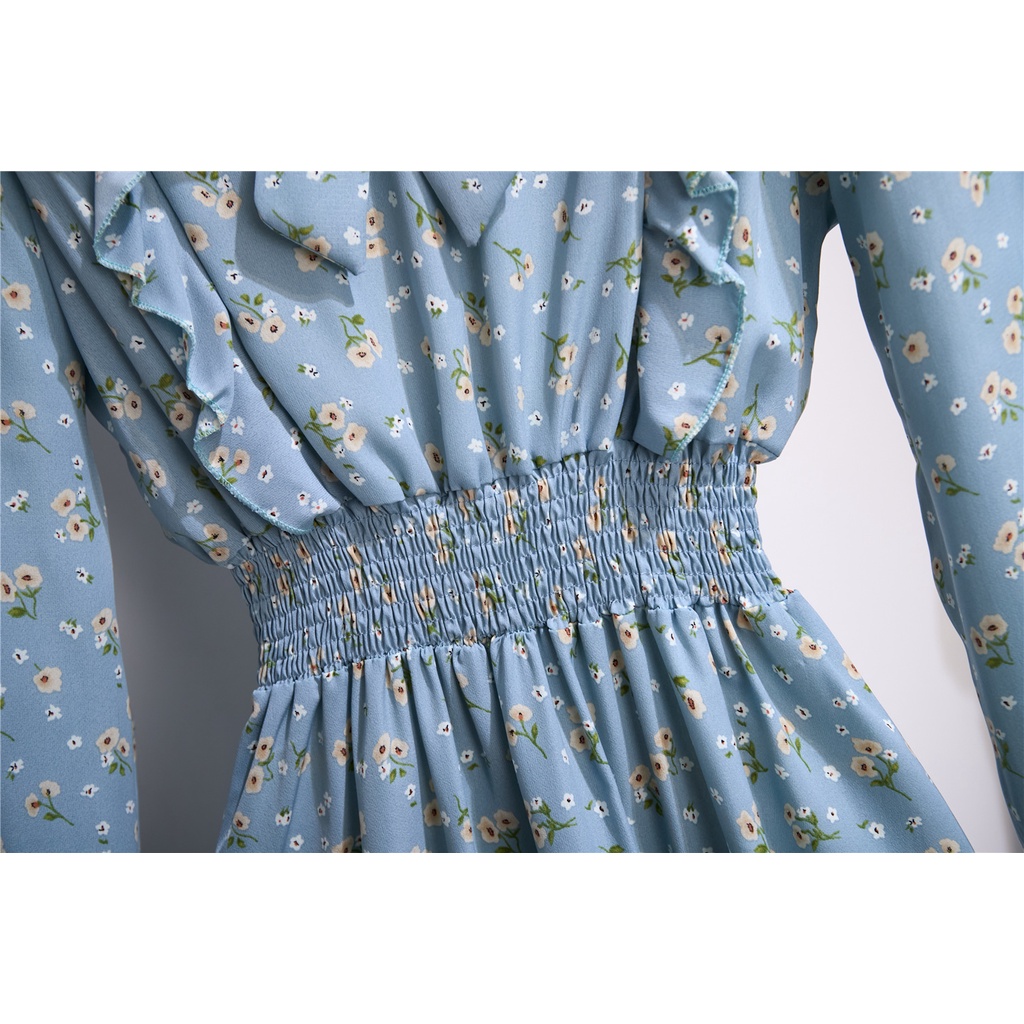 COD 2023 New Fashion A-Line Korean Style Long Sleeve Dress for Women Hijau Biru Putih Wanita Midi Dress Korea Lengan Panjang Muslimah Motif Bunga Panjang Gaun