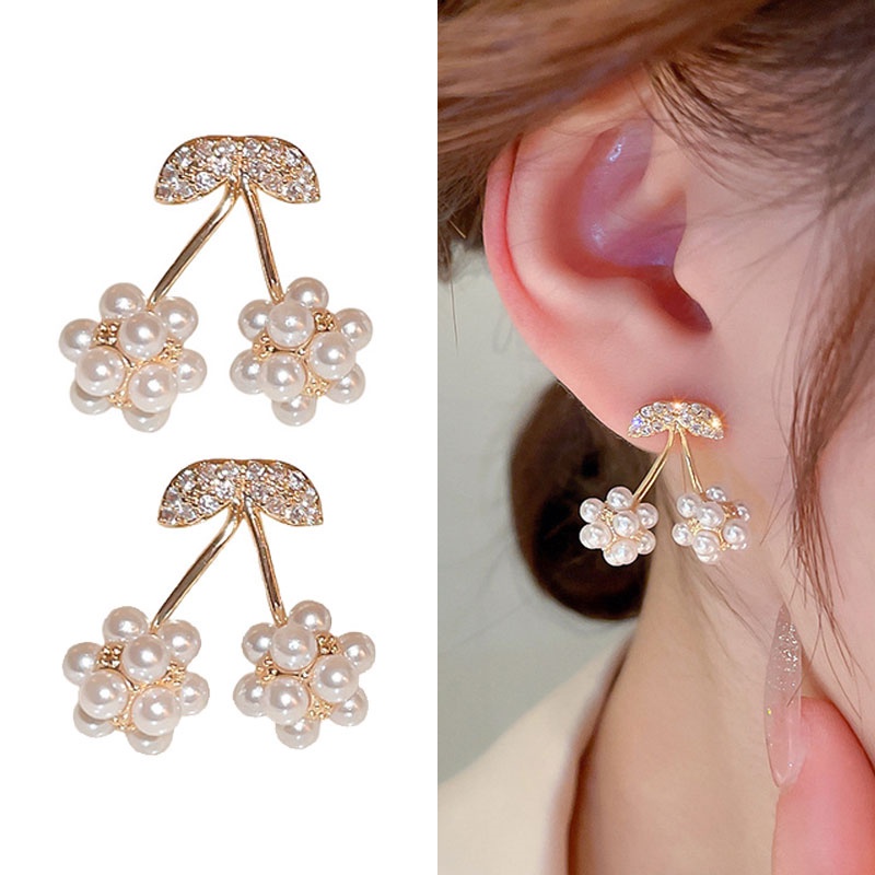 Berlian Imitasi Mutiara Cherry Manis Niche Desain ins Gaya Anting Temperamen Modis