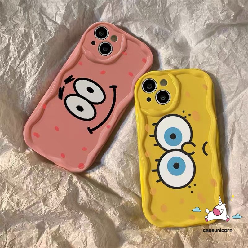 Kartun Lucu SpongeBob Patrick Shockproof Case Kompatibel Untuk IPhone 7Plus XR 13 11 14 12 Pro Max 6s 6 7 8 Plus X XS Max Bintang SE 2020 3D Wavy Curved Edge Glossy Airbag Soft Cover