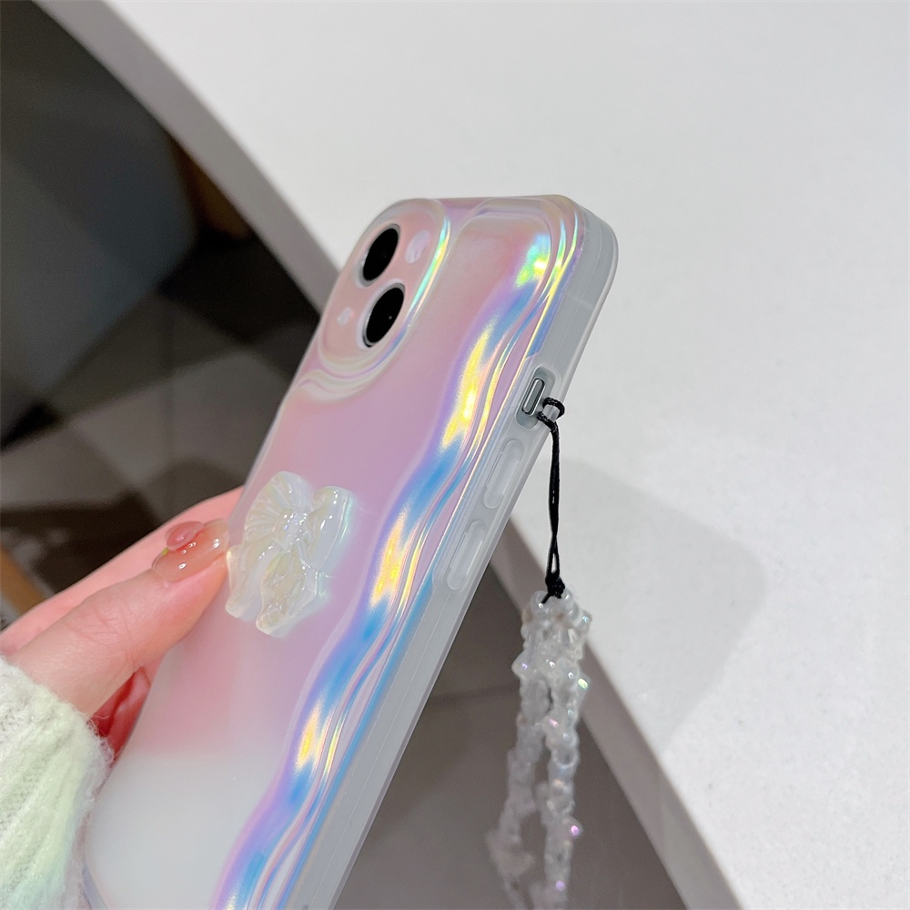 IPHONE Butterfly 3D Bow White Wavy Love Bracelet Phone Case Untuk Iphone14 12 13 Xsmax 11 Promax Electroplating Laser Soft Shell TPU Pelindung Bantal Udara Cover