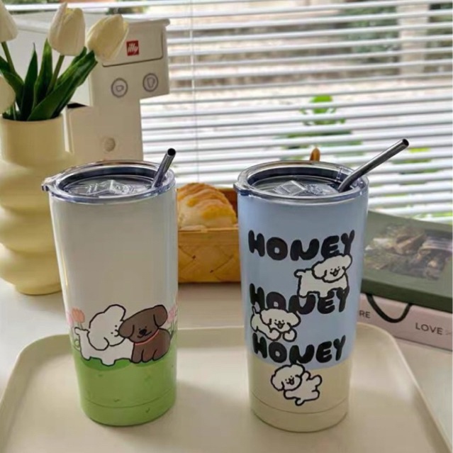 PREMIUM QUALITY TERMOS MOTIF PUPPY TULISAN HONEY / TUMBLR ESTETIK KOREA / BOTOL MINUM UNIK / CANGKIR MINUM KOPI BAHAN STAINLESS STELL 304 KAPASITAS 550ML DENGAN SEDOTAN / HONEY TUMBLR 550ML / TUMBLR KOPI TEH CUP STAINLESS