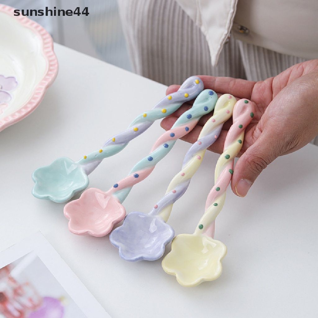 Sunshine 1Pc Sendok Gagang Panjang Keramik Es Krim Lucu Hand Painted Dessert Spoon ID