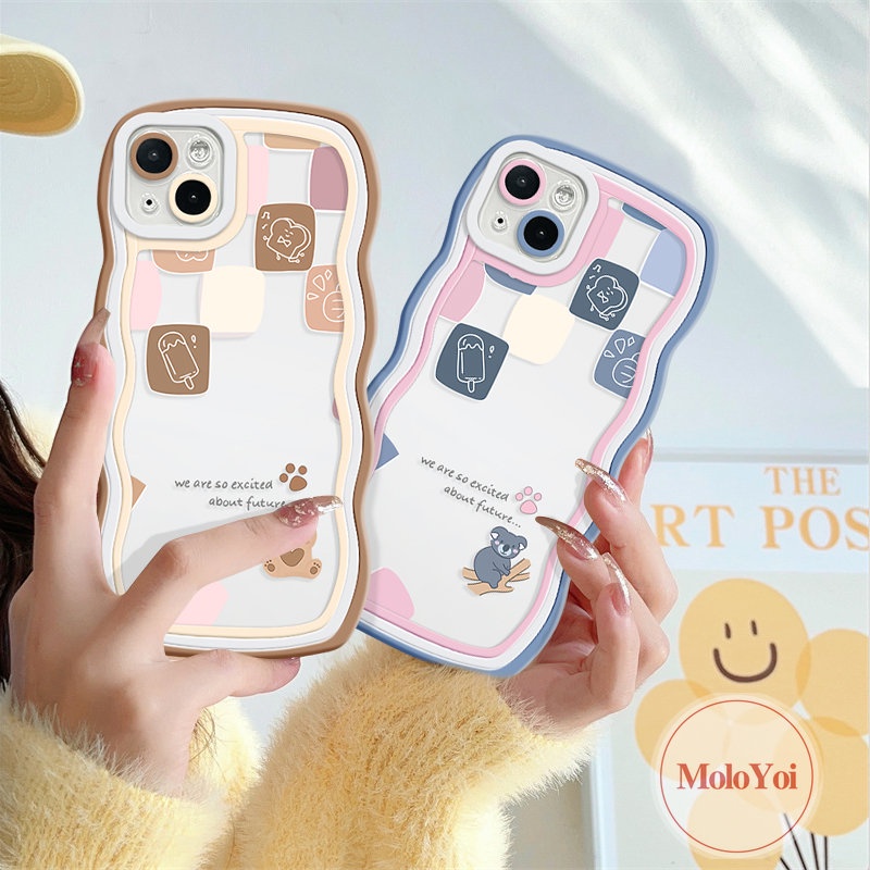 IPHONE Casing Ponsel Kompatibel Untuk Iphone11 6s 7 8 6 14 Plus 13 14 12 Pro MaxX 7Plus XR XS Max SE 2020 Lucu Kartun Beruang Pasangan Wavy Edge Soft Tpu Plaid Ice Cream Cover