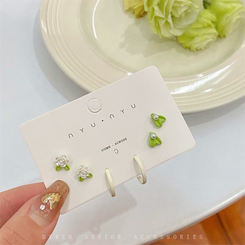 6pcs Anting Bunga Hijau Indah Mini Segar Ear Studs Perhiasan Fashion Untuk Gadis Manis