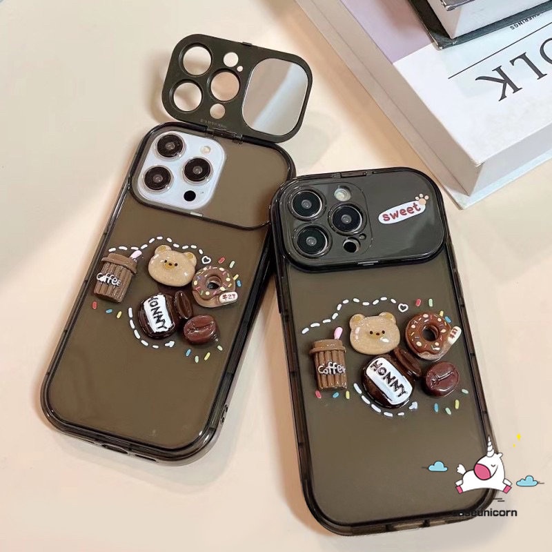 IPHONE Casing Flip Make Up Mirror Creative Case Kompatibel Untuk Iphone7 8 14 Plus 11 12 13 14 Pro MAX XR X XS MAX SE Kartun Lucu Mainan 3D Beruang Kopi Donat Shockproof Soft Cover