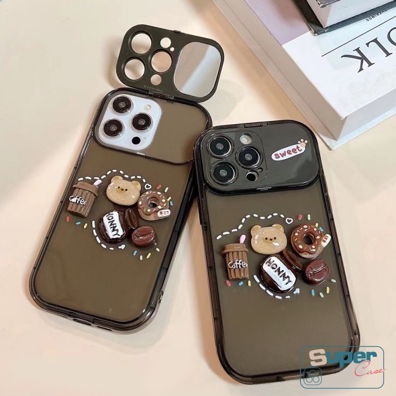 Mainan 3D Beruang Kopi Donat Stiker Kreatif Flip Make Up Mirror Case Kompatibel Untuk iPhone XR 78 14 Plus 11 13 12 14 Pro MAX XS MAX X SE Kartun Lucu Shockproof Soft Cover