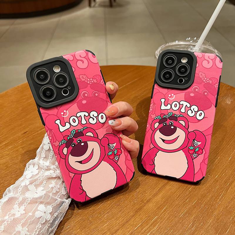 【Lamb Skin】So Cute LOTSO Strawberry Bear Leather Soft Case for IPhone 7 Plus 8 Plus X XS XR XS Max 11 13 12 14 PRO Max 14 Plus for Girl Women's Gift Red