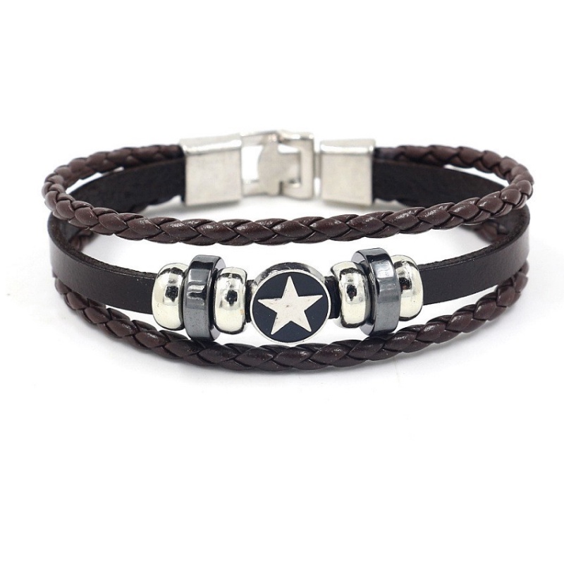 [X C Gelang] Baru Lima Titik Bintang Gaya Gelang Hitam Kulit Vintage Hip Hop Punk Gelang Kulit Cuffles Manik-Manik Multilayer Zinc Alloy Anyaman Gelang