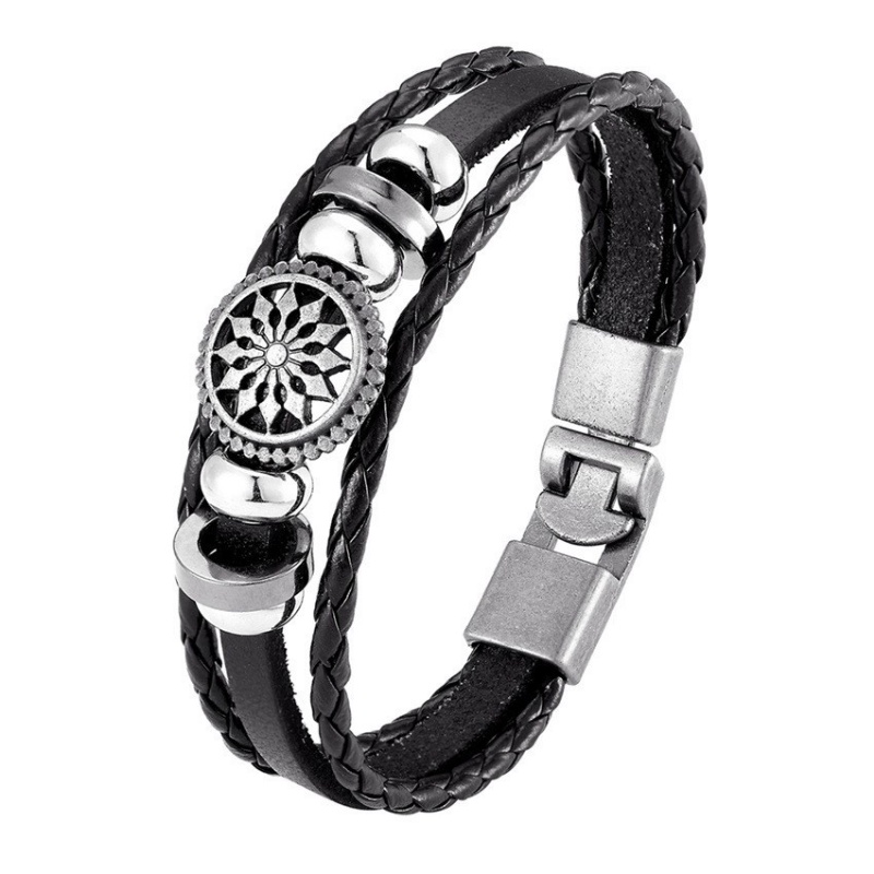 [X C Gelang] Baru Bunga Matahari Gelang Hitam Kulit Vintage Hip Hop Punk Gelang Kulit Lengan Manik-Manik Multi Layer Zinc Alloy Anyaman Gelang