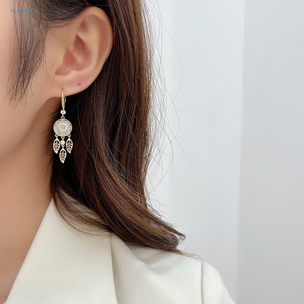 Lilyscent 1pasang Anting Rumbai Warna Emas Aksesori Perhiasan Bunga Hias Berlian Imitasi Daun Anting Rumbai Geometris