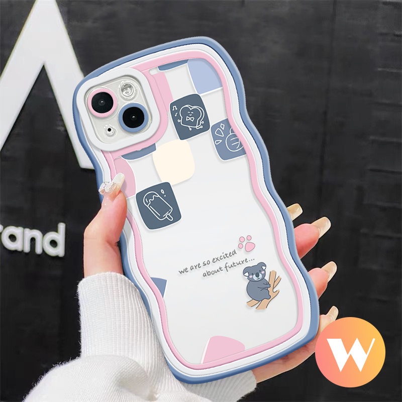 IPHONE Casing Ponsel Kotak-Kotak Es Krim Pasangan Beruang Kartun Lucu Kompatibel Untuk Iphone11 14 12 13 Pro Max 7Plus 76s 14 8 6 Plus XR X XS Max SE 2020 Tepi Bergelombang Lembut Tpu Cover