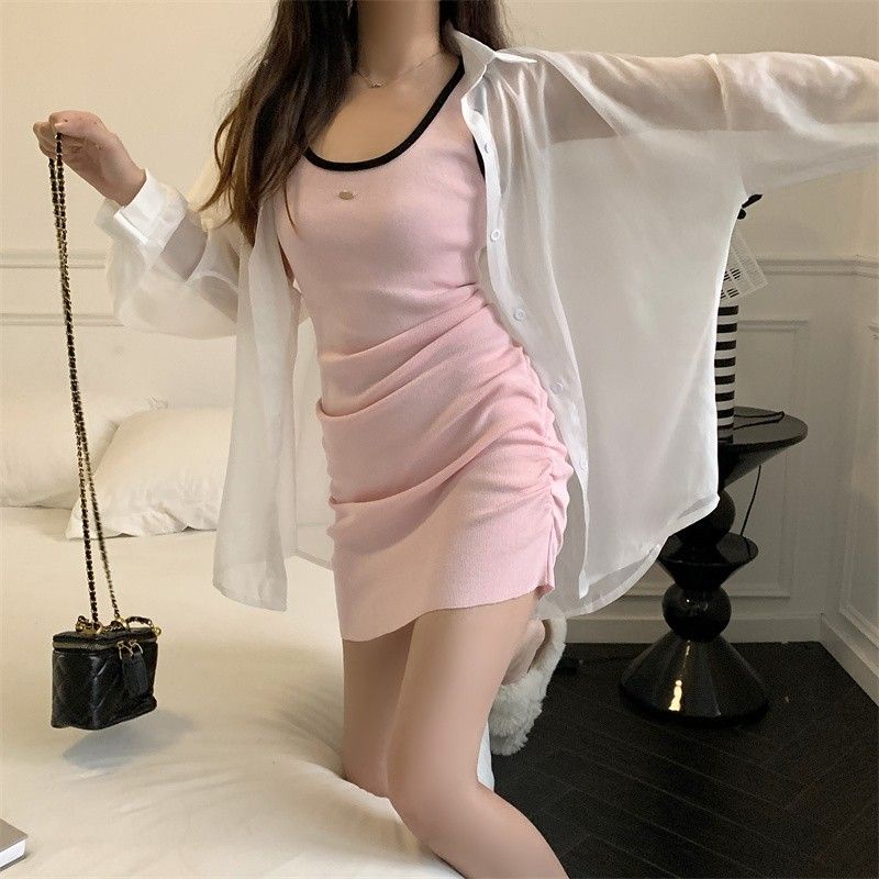 Red Gaya Hong Kong hot girl slim tanpa lengan dress wanita musim panas sayang hit warna tas pinggul rok rompi ketat pink dress