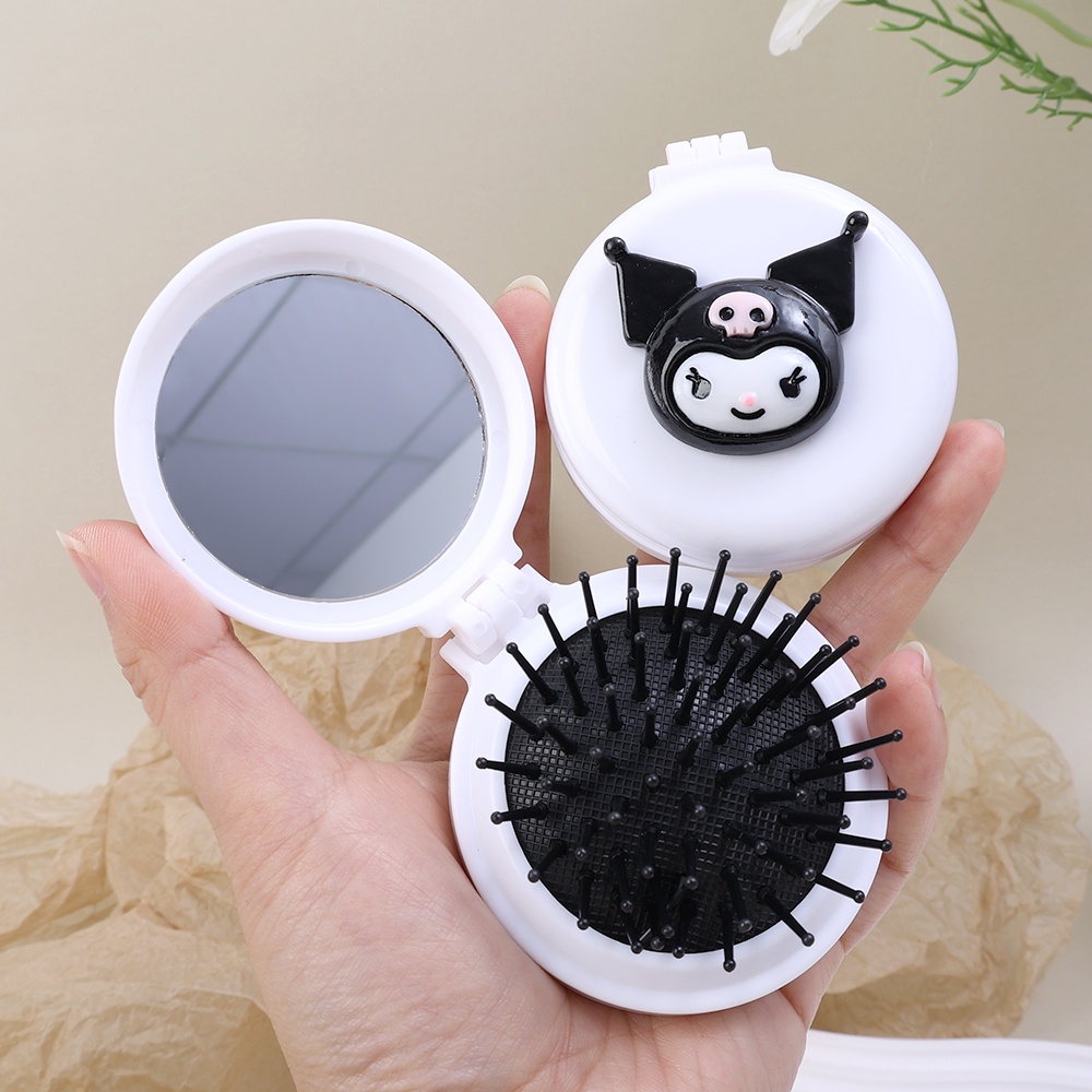 [Unggulan] 1pc Kartun 2-in-1 Putaran Air Bag Comb Dengan Cermin Sanrio Air Cushion Comb Portable Melody Kuromi Sisir Pijat Lipat Perlengkapan Travel Alat Styling Rambut Untuk Wanita