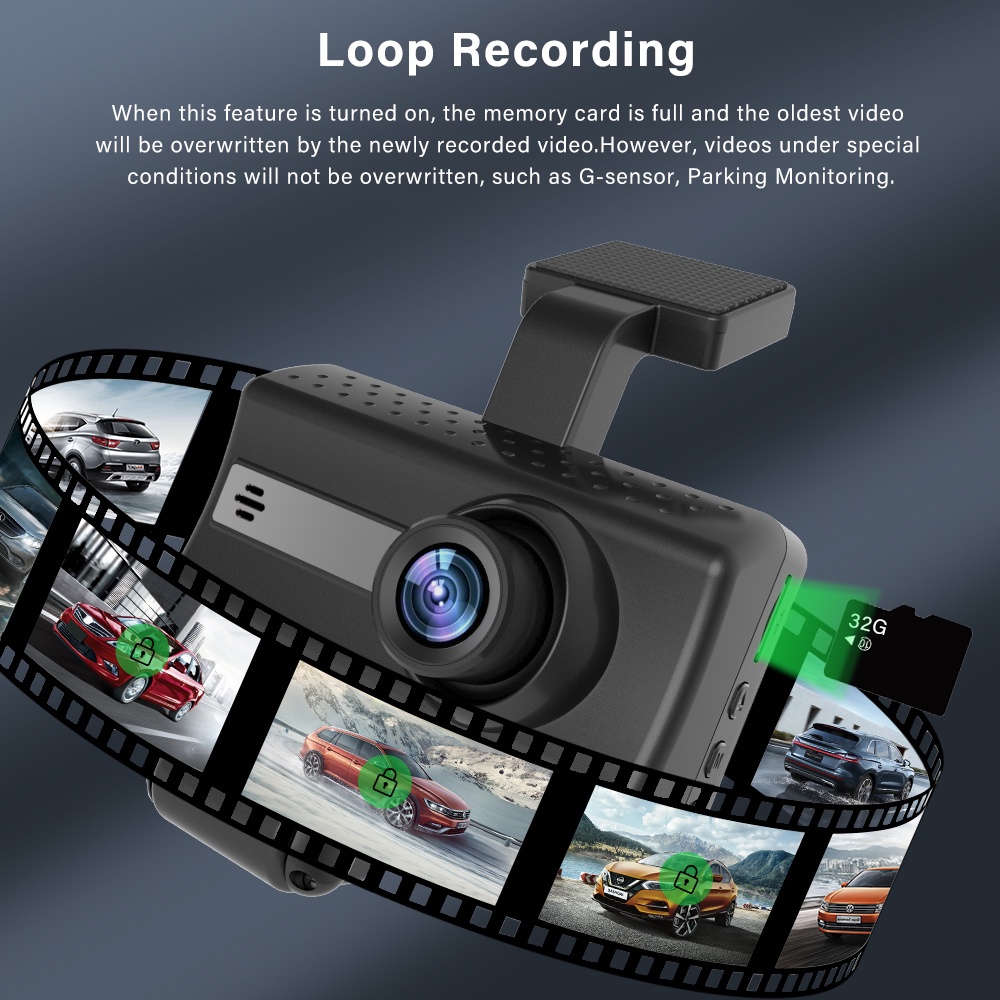 Dash Cam Mobil 3 Inch IPS Screen 1440P Dual Lens Front Inside Rear Rearview 24-hour Parking Monitoring Loop Recording