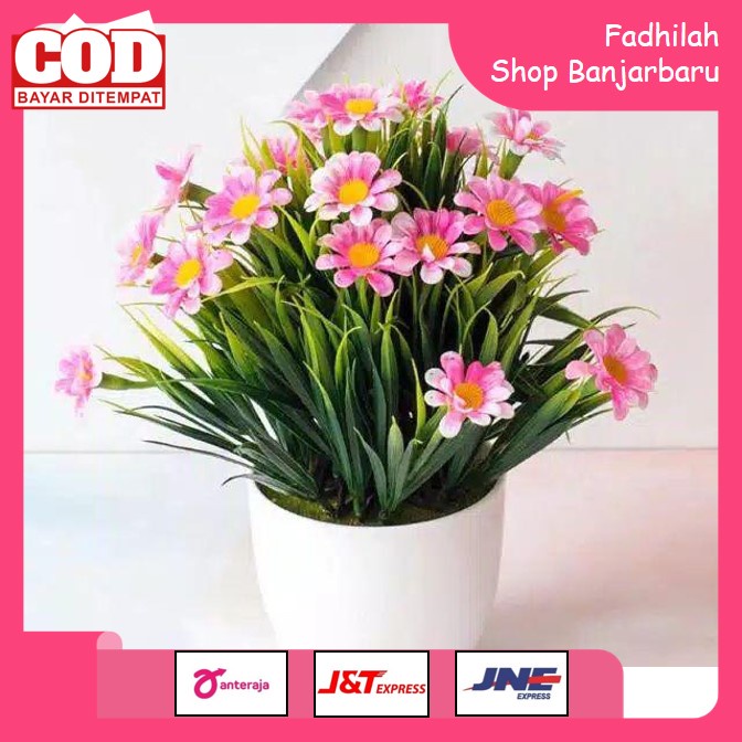 BUNGA PLASTIK / PAJANGAN BUNGA ARTIFICIAL / MOTIF DAISY VAS BULAT AM352 | FADHILAH SHOP BJB