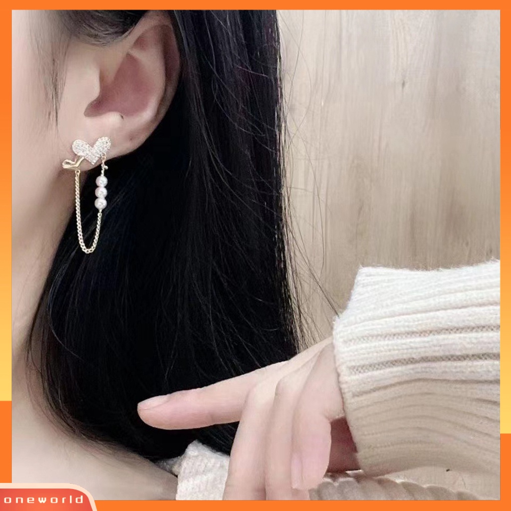 [EONE] 1pasang Anting Wanita Bentuk Hati Mutiara Imitasi Rumbai Rantai Glossy Dekorasi Telinga Berlian Imitasi Mengkilap Permukaan Halus Pesta Women Earrings Women Jewelry