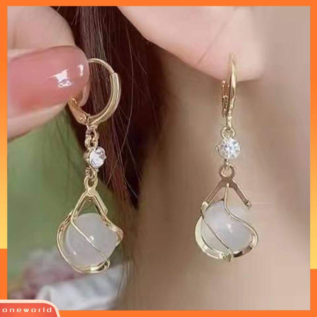 [EONE] 1pasang Drop Earrings Berongga Keluar Panjang Rumbai Shiny Berlian Imitasi Hias Berkilau Hadiah Wanita Bulat Faux Opal Pendant Hoop Earrings Fashion Perhiasan