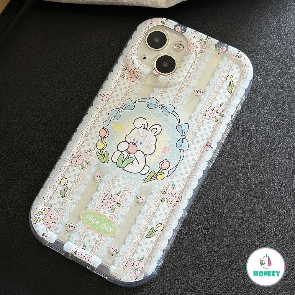 IPHONE Sweet Lace Rabbit Flowers Bracket Shell Phone Case Untuk Iphone14 13 12 11 Pro Max14 Plus Case Lucu Transparan Kartun Cover