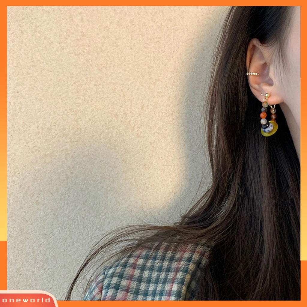 [EONE] 1pasang Ear Studs Vintage Gaya Etnik Manik-Manik Berwarna Electroplating Glossy Dress Up Hypoallergenic Alloy Hoop Stud Menjuntai Anting Fashion Perhiasan