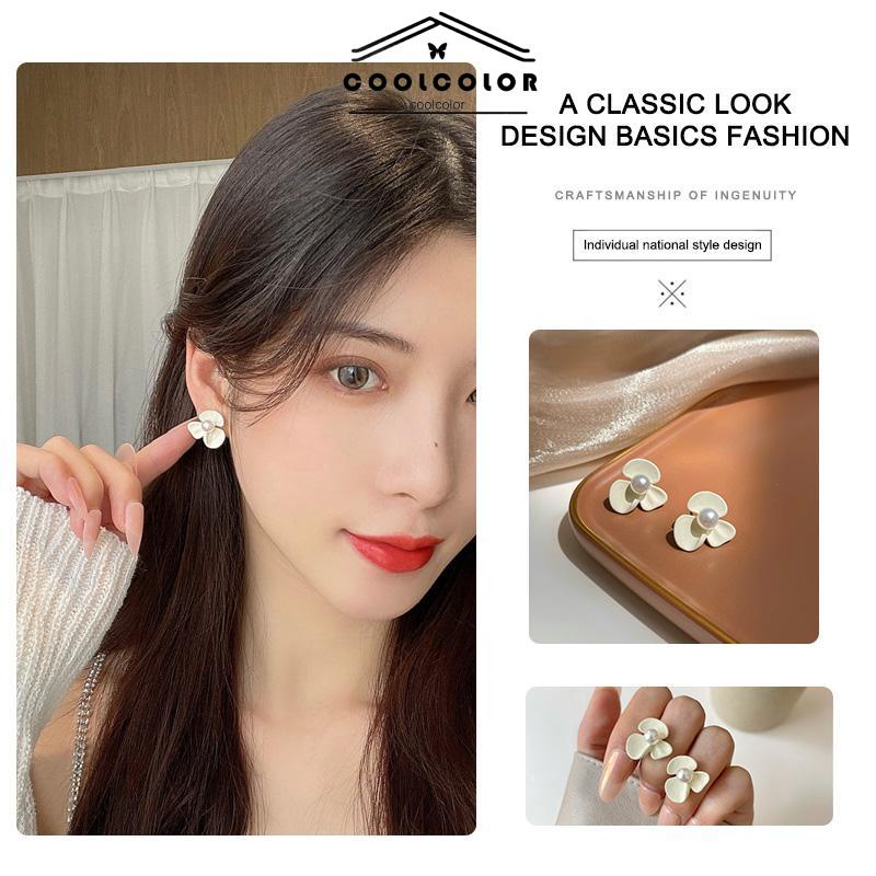 COD❤️Anting S925 Perak Bunga Mutiara Korea Kecil Sepasang Putih Susu Stud Earrings Anting Tusuk Motif Vintage Fashion Impor Murah Aksesoris Wanita Ins