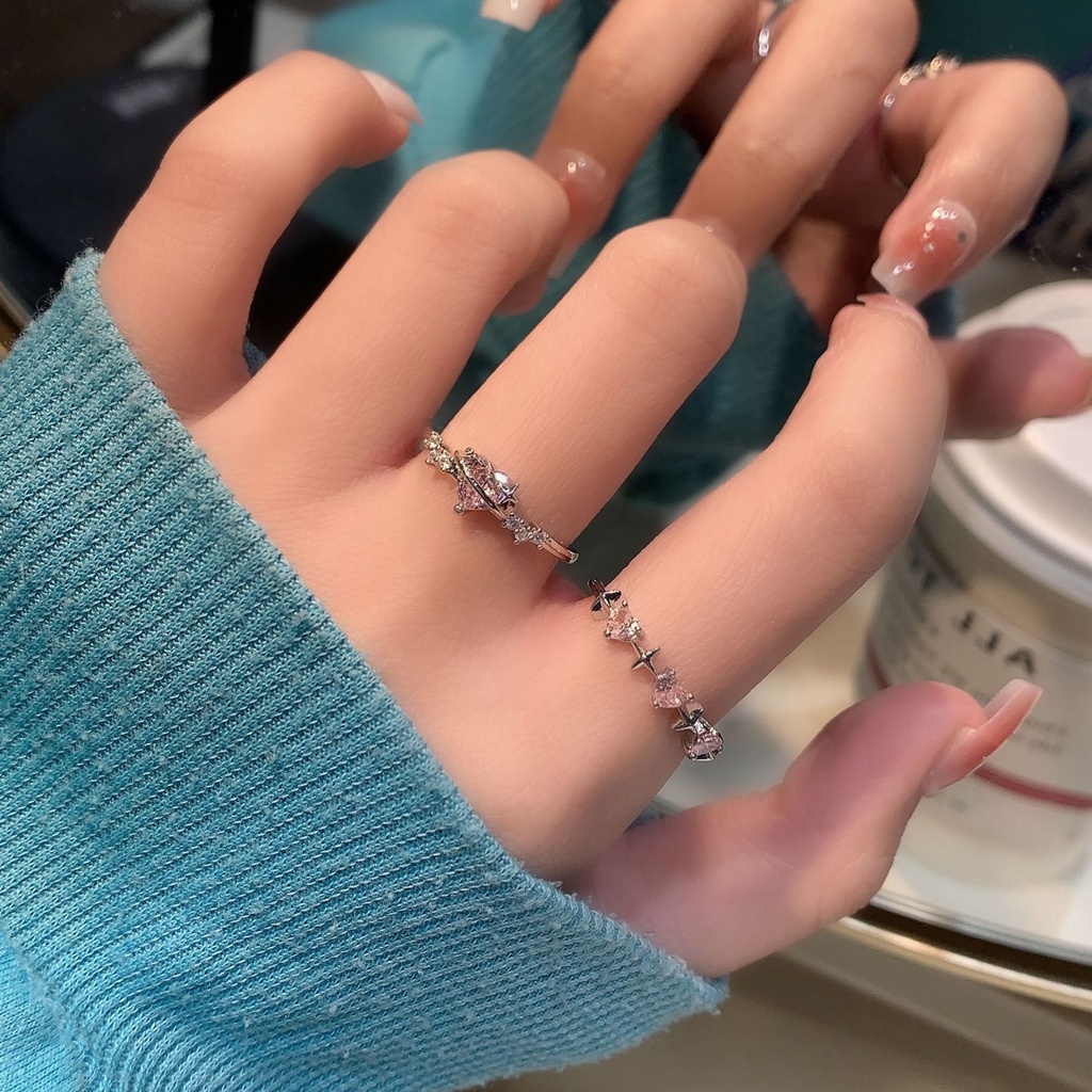 Fashion Merah Muda Batu Permata Jantung Jari Cincin Untuk Wanita Korea Perak Cincin Perhiasan Aksesoris