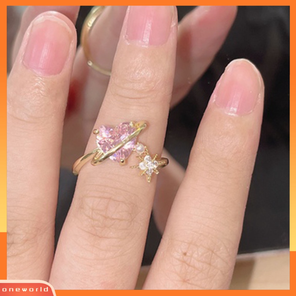 [EONE] Berlian Imitasi Bersinar Dapat Disesuaikan Wanita Cincin Pink Cubic Zirconia Jantung Pembukaan Cincin Perhiasan Aksesoris