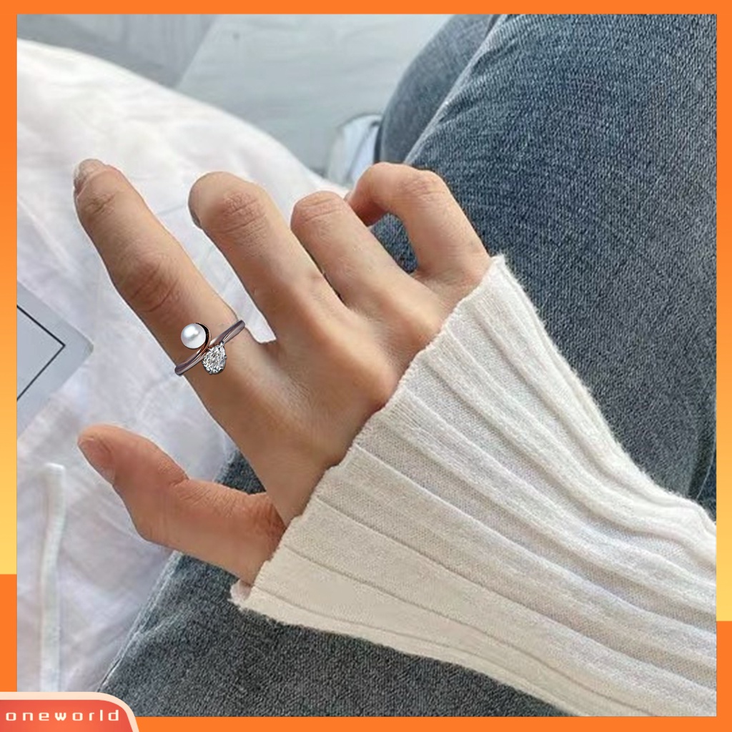 [EONE] Menawan Kulit-Menyentuh Cincin Lady Tembaga Faux Pearl Cubic Zirconia Finger Band Perhiasan Aksesori