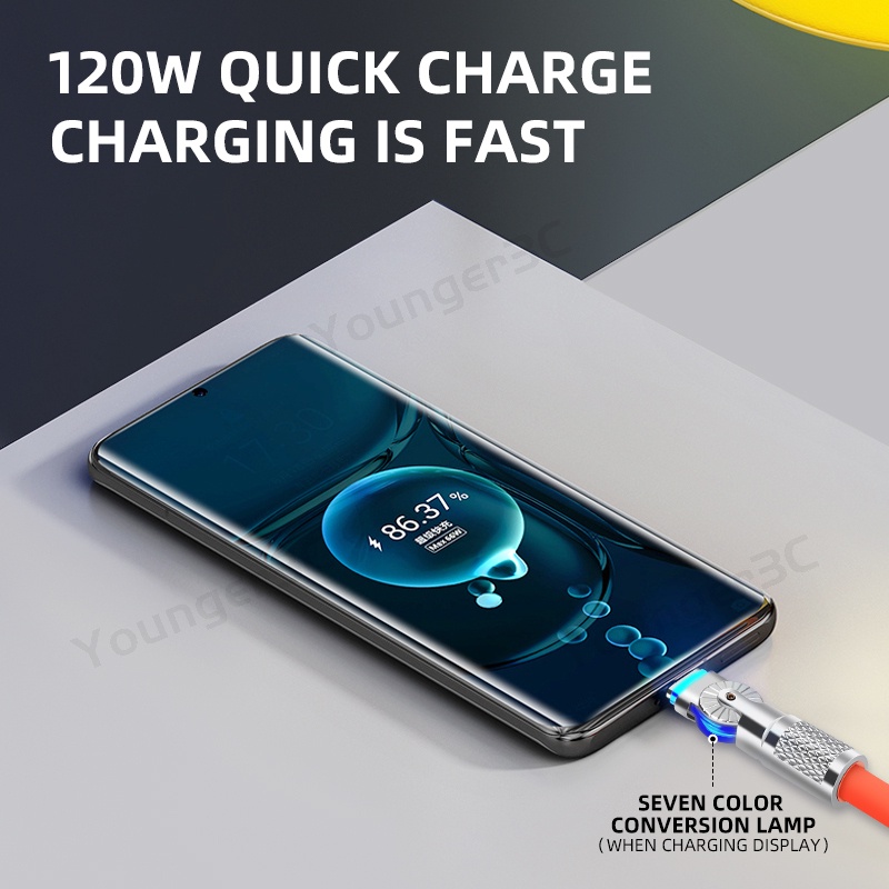 Kawat Charge USB C Silikon Cair 6A Isi180°Kabel Charge Super Cepat Berputar 120W Untuk Jalur Cas Hp i-Phone Tipe C Micor