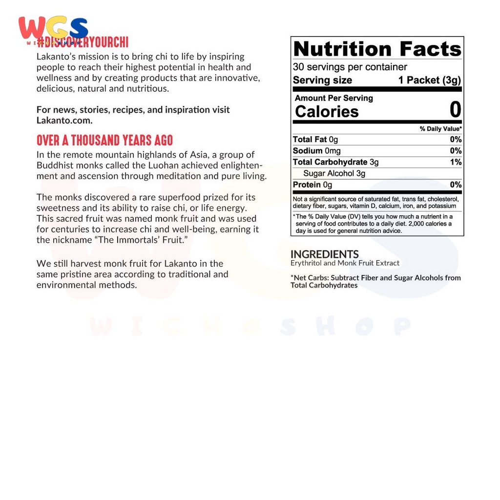 Lakanto Monkfruit Sweetener Erythritol Classic White Sugar 3g x 30p