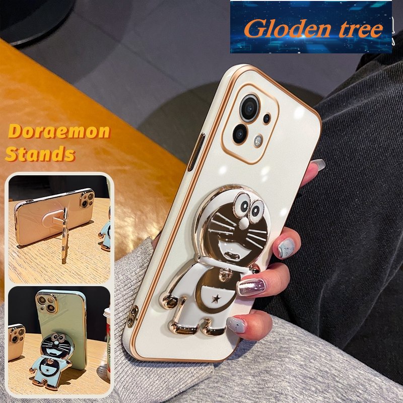 XIAOMI Gloden tree Casing Untuk Xiaomi12 Lite 11case Fashion Kartun Doraemon Stand Lipat Casing Ponsel Electroplating Shockproof Phone Holder Case