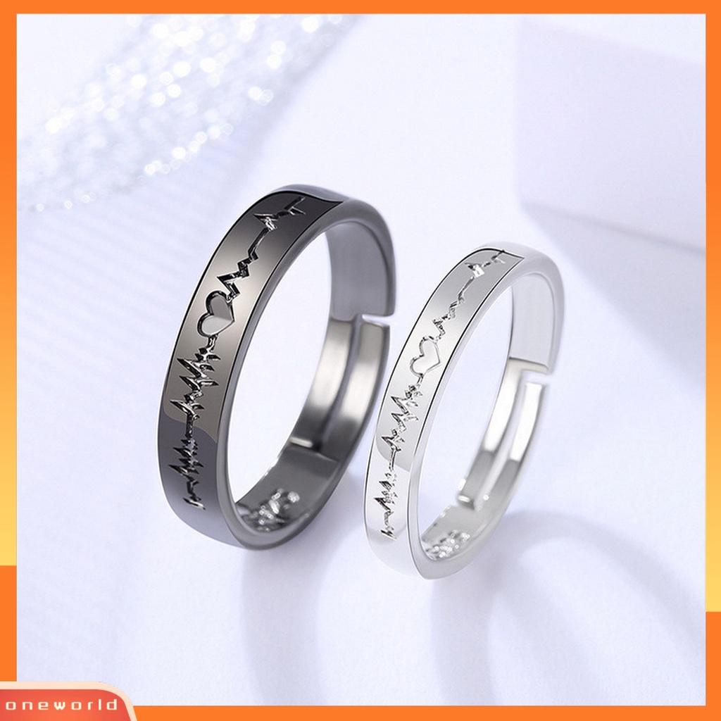 [EONE] 1pc Finger Band Detak Jantung Ukiran Kilau Terang Adjustable Electroplating Polishing Menghias Permukaan Halus Romantis Hitam Putih Cincin Pasangan Aksesori Pernikahan