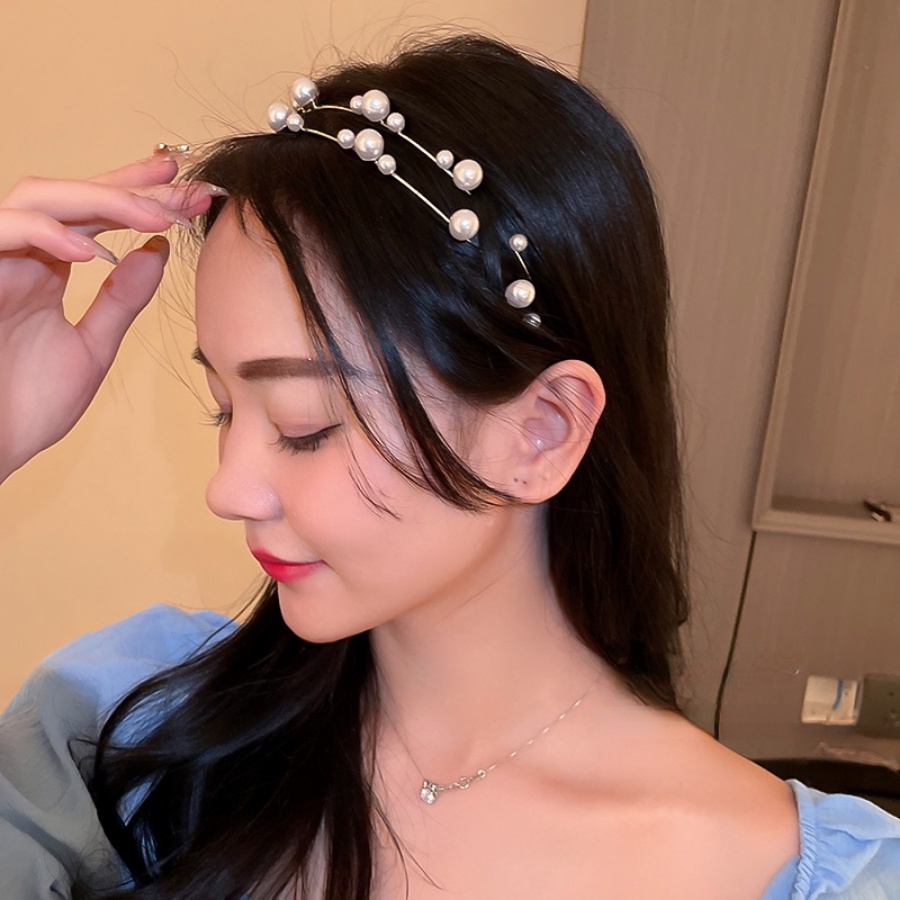 Korea Alloy Double Layer Headband Mutiara Kupu-Kupu Kristal Rambut Band Woman Aksesoris Rambut